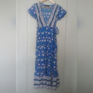 Zesica Floral True Wrap Blue Maxi Dress Size Small